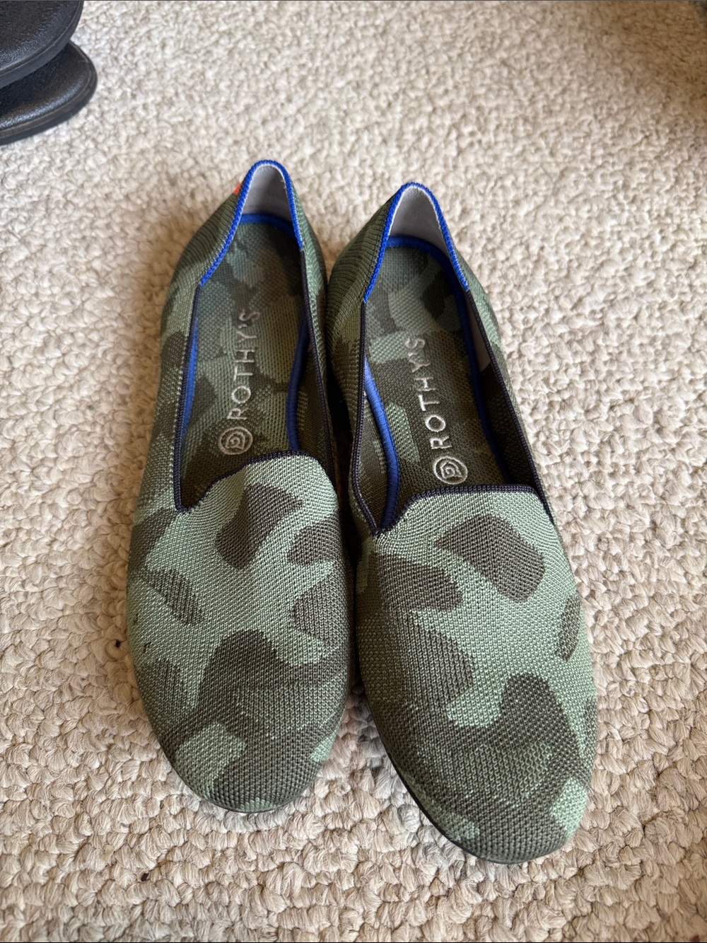 Rothy's Camouflage Knit Slip-On Flats in Olive Green & Dark Green with Blue Trim